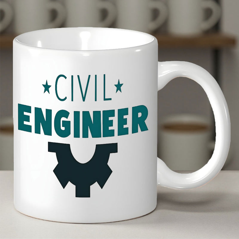 Tailorly White Ceramic 11 oz Mug - Civil Engineer Industrial Style Cog Symbol Flanked By Small Stars Gear