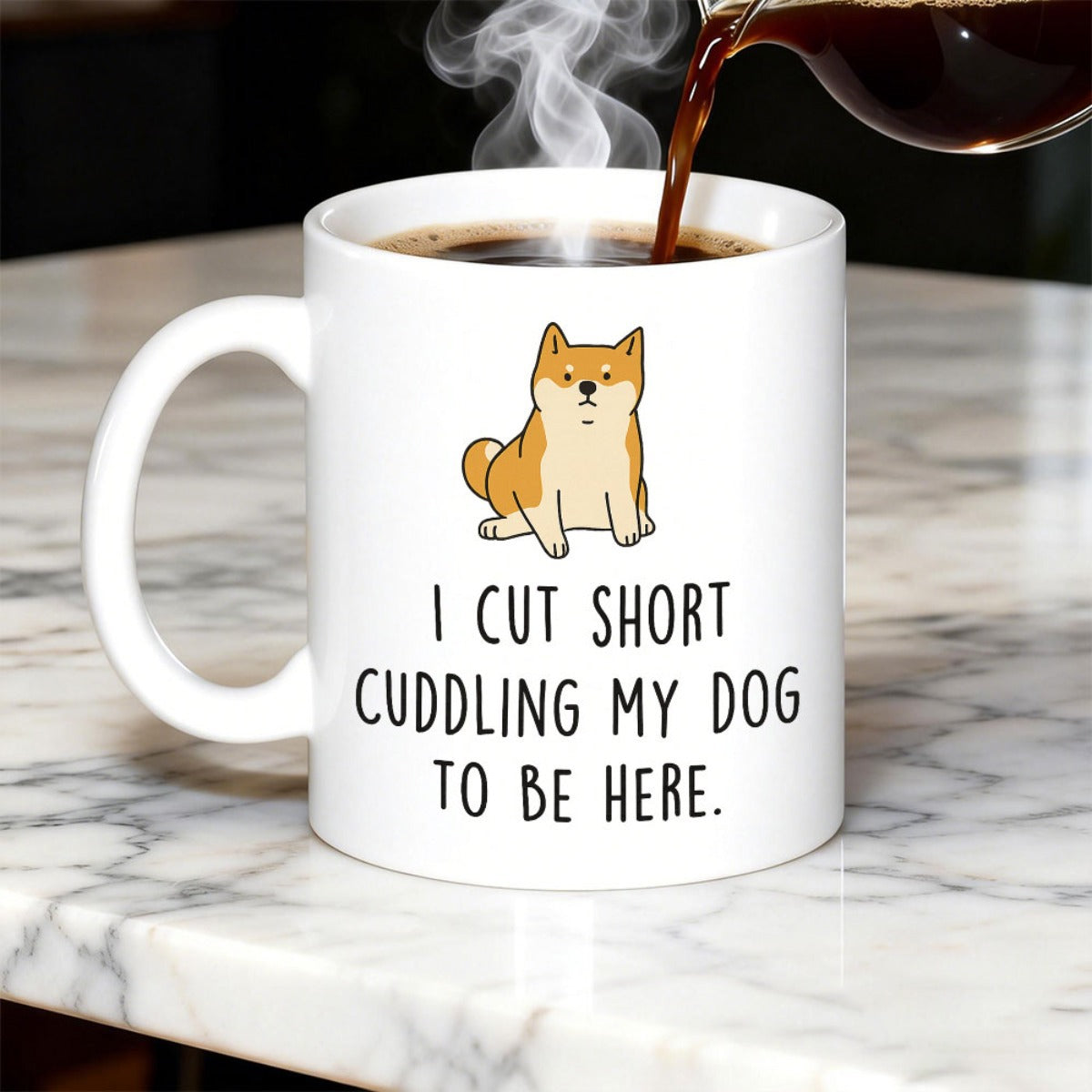 Tailorly White Ceramic 11 oz Mug - I Cut Short Cuddling My Dog To Be Here Cute Hand Drawn Ginger Shiba Inu Sitting Calmly With Simple Lines Dog