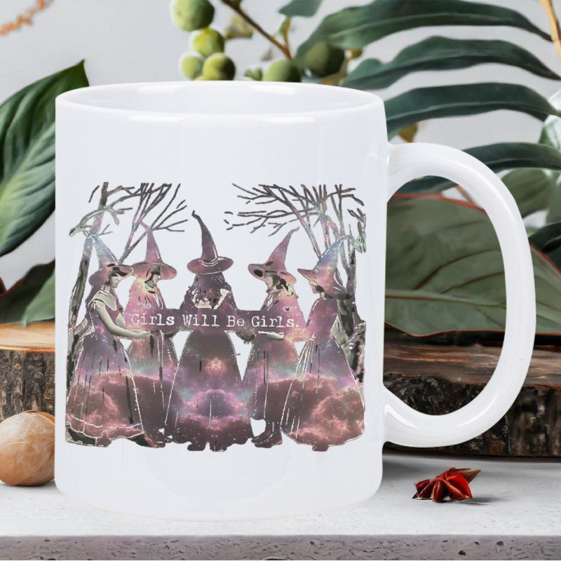 Tailorly White Ceramic 11 oz Mug - Girls Will Be Girls Mystic Figures Gathering In A Spooky Forest Under Bare Winter Trees Witches