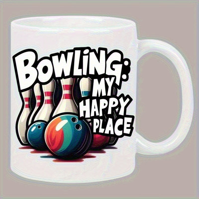 Tailorly White Ceramic 11 oz Mug - Bowling My Happy Place Colorful Shiny Balls Standing Among Tall Classic Pins Bowling
