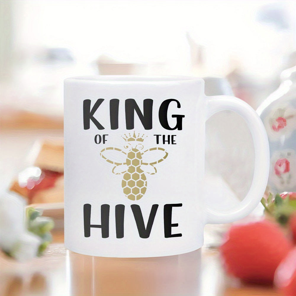 Tailorly White Ceramic 11 oz Mug - King Of The Hive Stylized Honeycomb Patterned Insect Wearing A Small Golden Crown Royal Bee