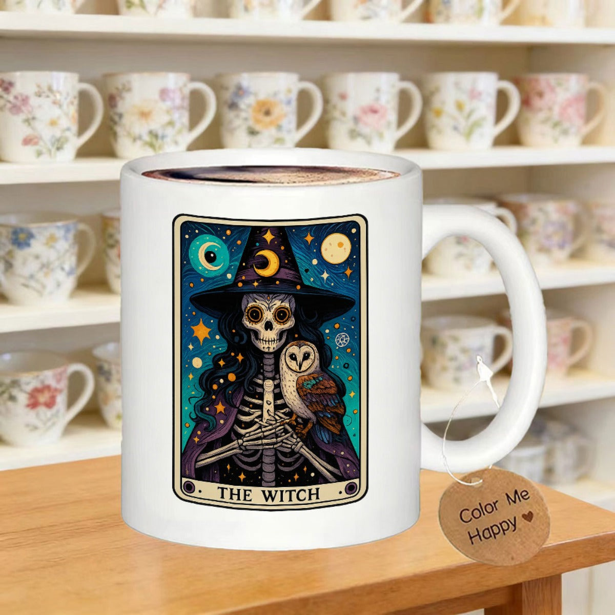 Tailorly White Ceramic 11 oz Mug - The Witch Mystical Skeleton Wearing Starry Hat With Owl Under Night Sky Witch