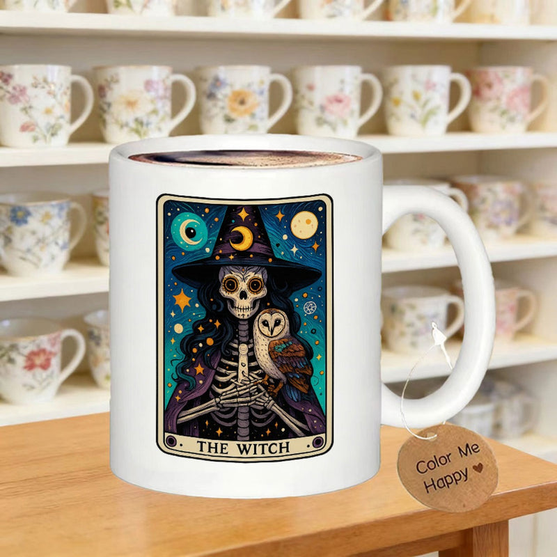 Tailorly White Ceramic 11 oz Mug - The Witch Mystical Skeleton Wearing Starry Hat With Owl Under Night Sky Witch