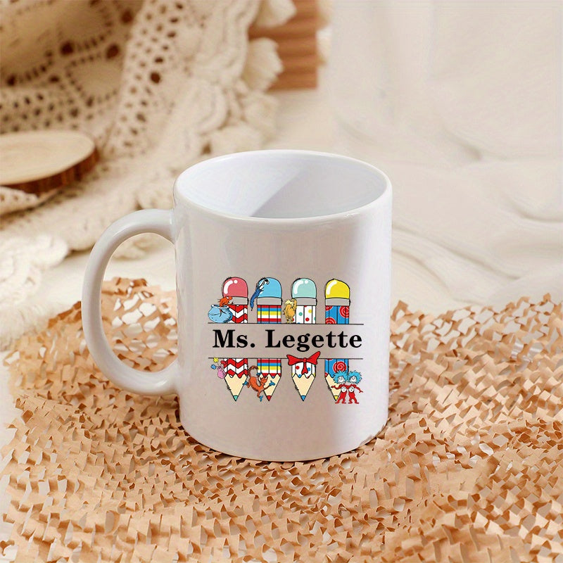 Tailorly White Ceramic 11 oz Mug - Ms Legette Colorful Whimsical Cartoon Pencils Standing Together In A Joyful Row Pencil