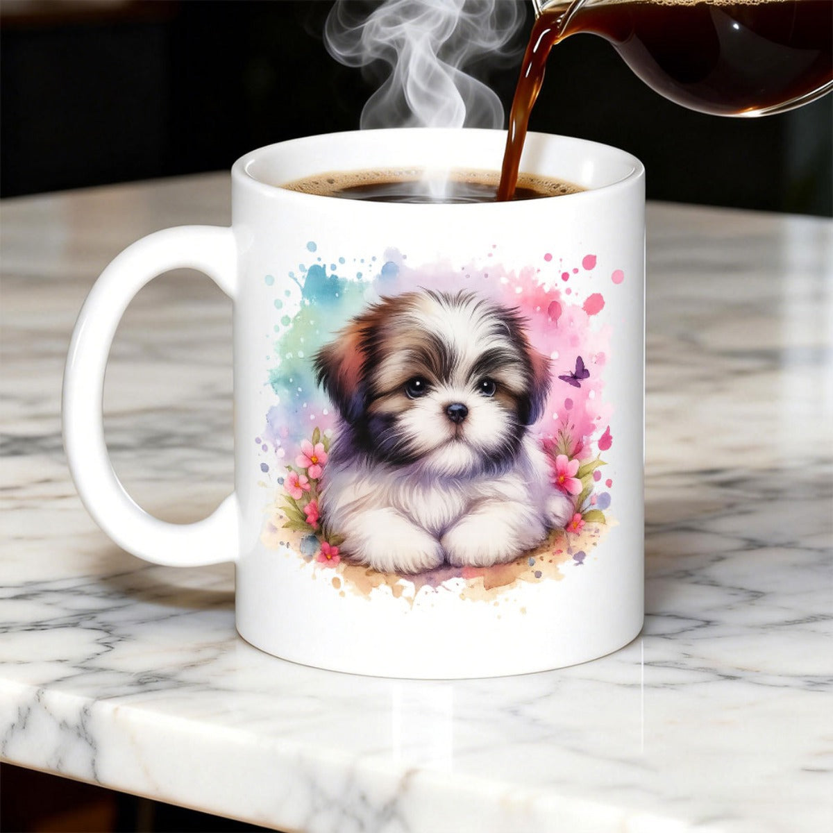 Tailorly White Ceramic 11 oz Mug - Watercolor Artistic Splashes With Delicate Flowers Surrounding A Small Fluffy Dog