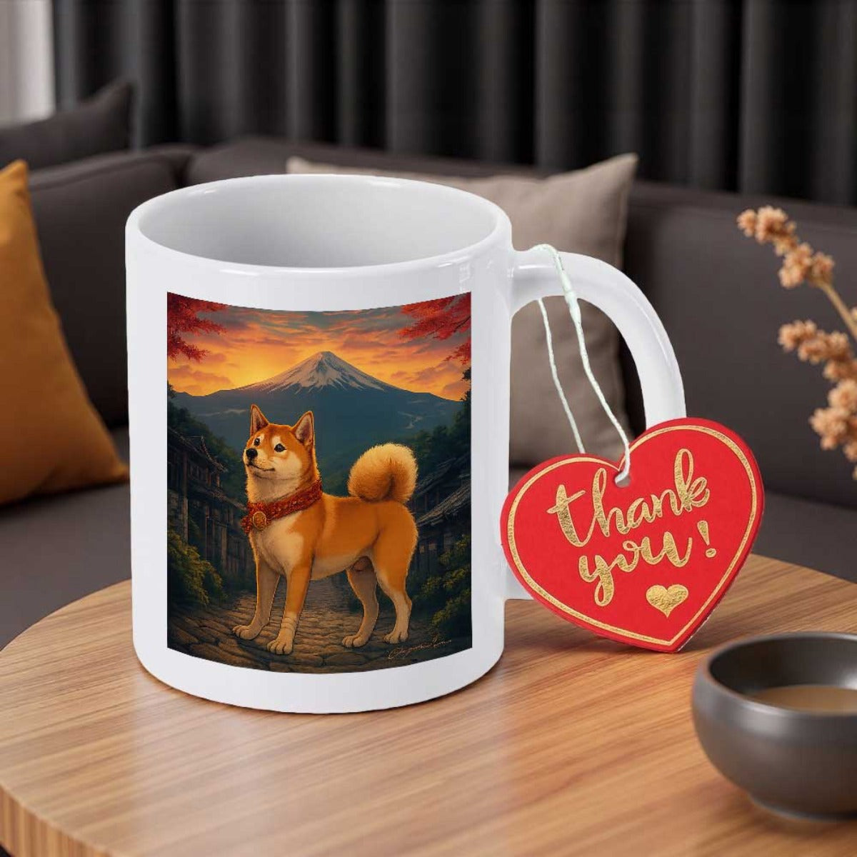 Tailorly White Ceramic 11 oz Mug - Thank You Majestic Standing Before Mount Fuji Under Glowing Golden Sunset Shiba Inu