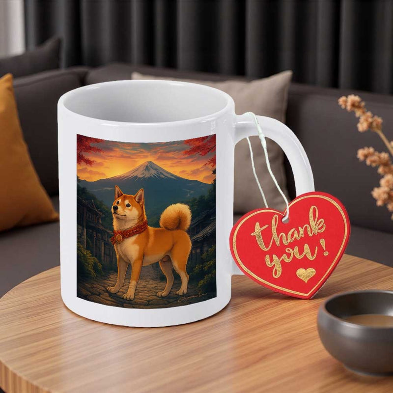 Tailorly White Ceramic 11 oz Mug - Thank You Majestic Standing Before Mount Fuji Under Glowing Golden Sunset Shiba Inu