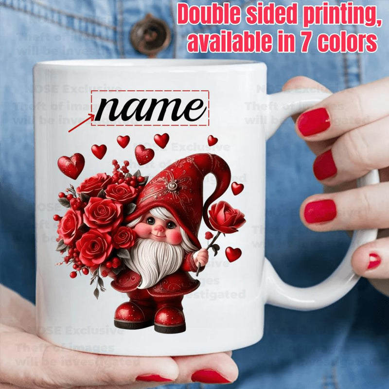 Tailorly White Ceramic 11 oz Mug - Name Charming Little Garden Gnome Holding Beautiful Blooming Red Rose Flowers Gnome