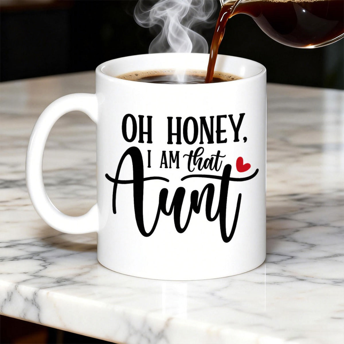 Tailorly White Ceramic 11 oz Mug - Oh Honey I Am That Aunt Minimalist Small Red Heart Icon Beside Elegant Decorative Script Lettering Mug