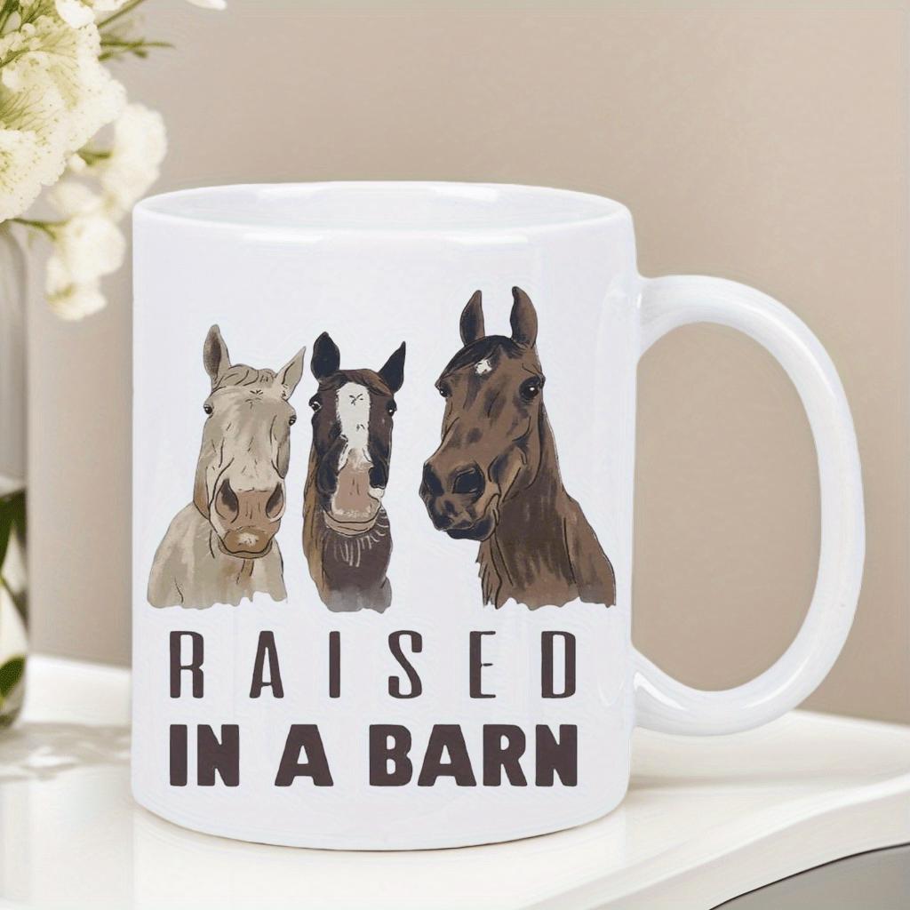 Tailorly White Ceramic 11 oz Mug - Raised In A Barn Artistic Hand Painted Portraits Of Multiple Farm Animals Standing Tall Horse