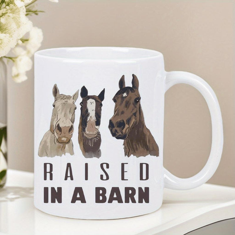 Tailorly White Ceramic 11 oz Mug - Raised In A Barn Artistic Hand Painted Portraits Of Multiple Farm Animals Standing Tall Horse