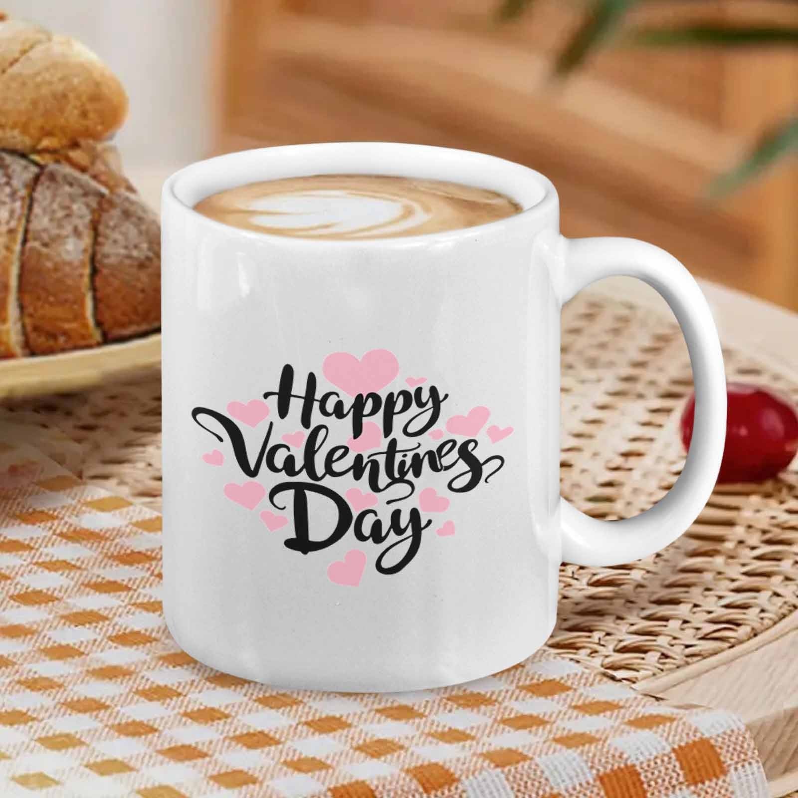 Tailorly White Ceramic 11 oz Mug - Happy Valentines Day Floating Small Pink Hearts Surrounded By Elegant Script Heart
