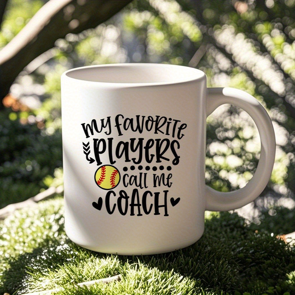 Tailorly White Ceramic 11 oz Mug - My Favorite Players Call Me Coach Handwritten Typography With Small Hearts And Yellow Sports Ball Mug