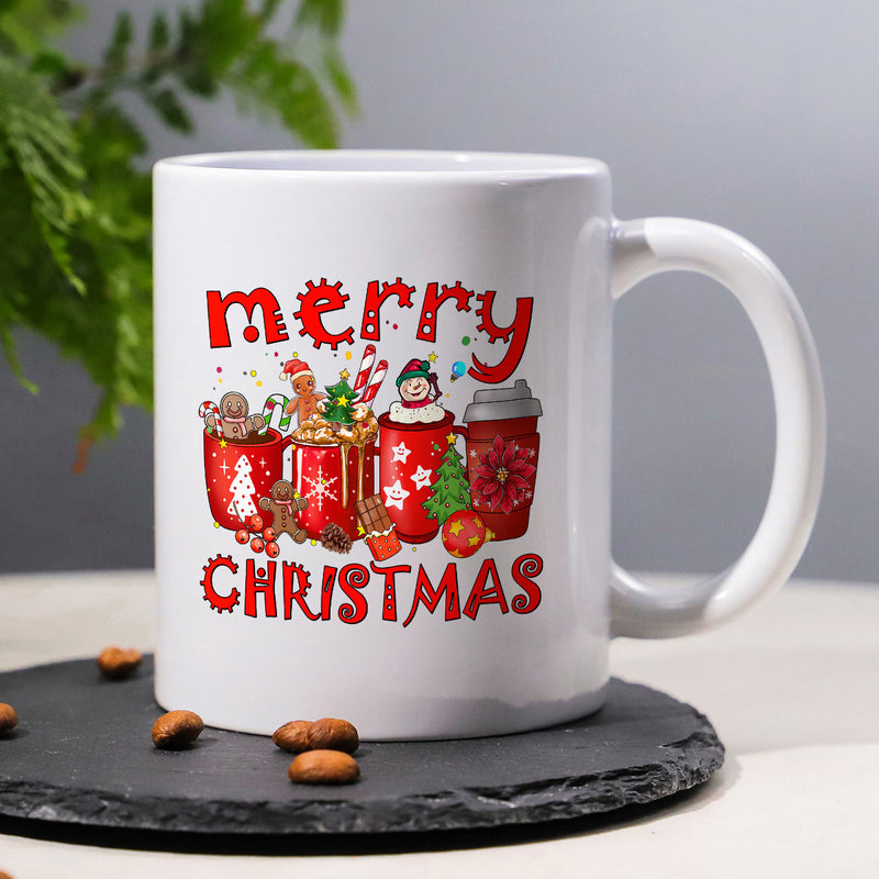 Tailorly White Ceramic 11 oz Mug - Merry Christmas Festive Red Cups Filled With Gingerbread Men And Candy Canes Mug
