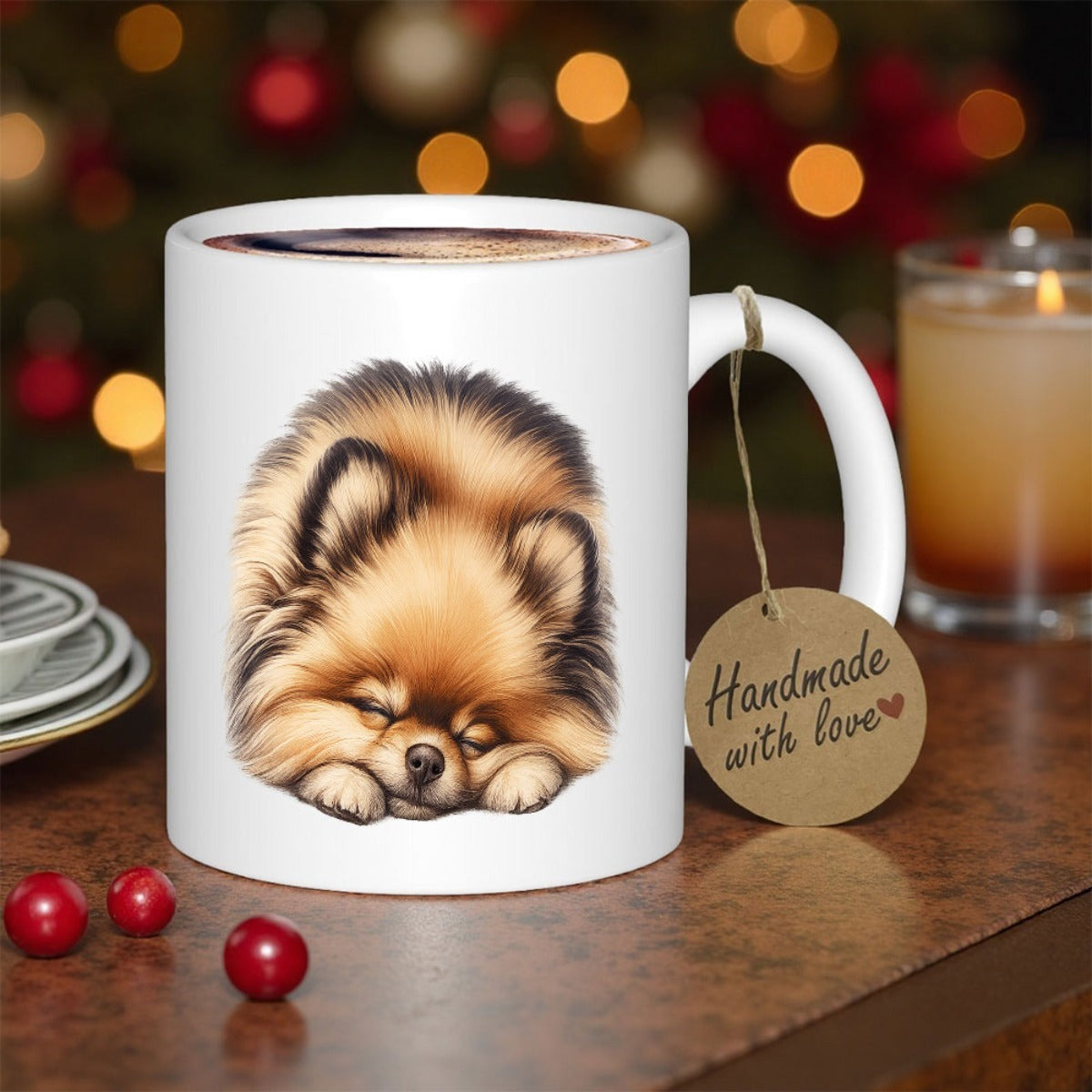 Tailorly White Ceramic 11 oz Mug - Handmade With Love Adorable Fluffy Brown Furry Sleeping Pomeranian Puppy Resting Peacefully Dog
