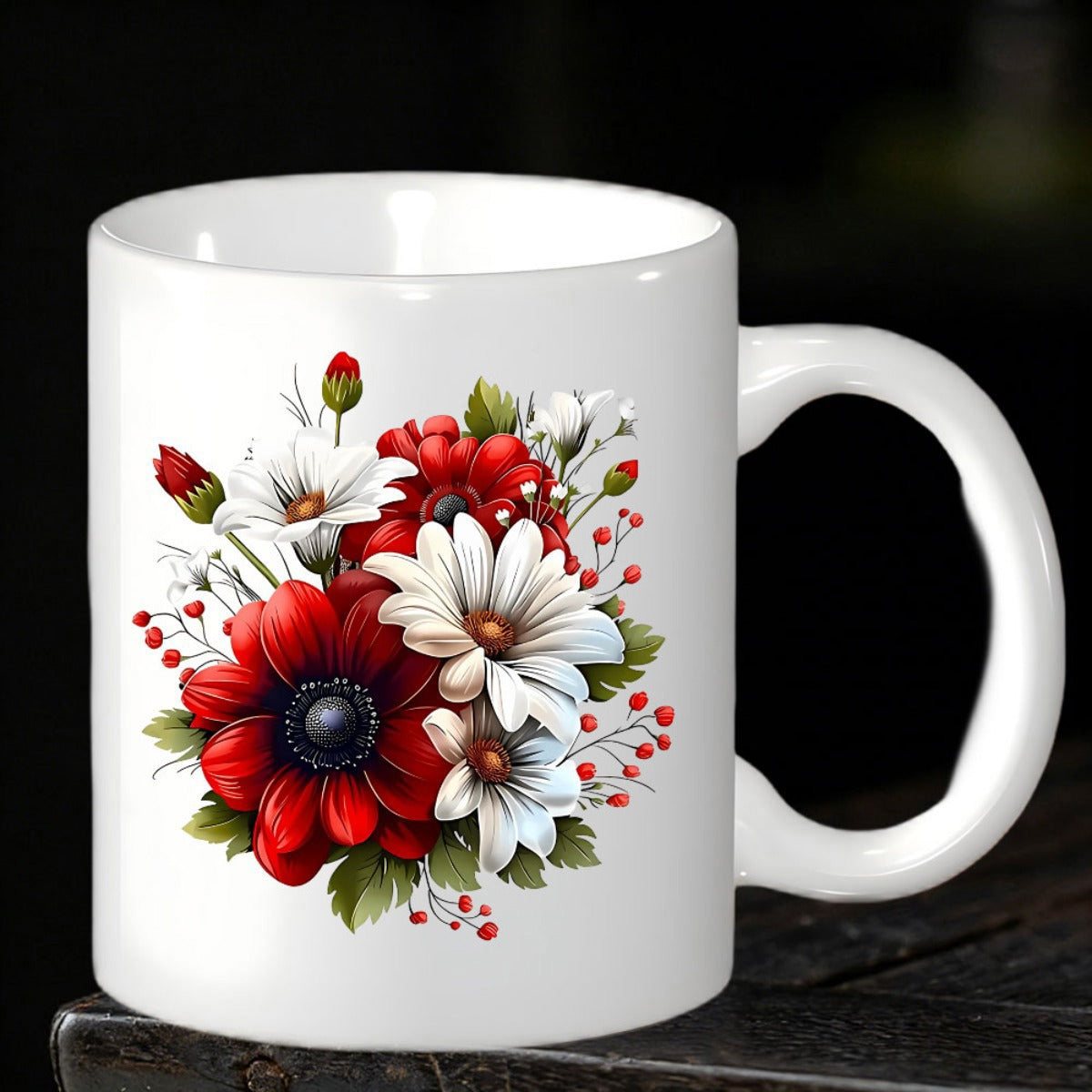 Tailorly White Ceramic 11 oz Mug - Vibrant Red And White Anemones With Green Leaves And Delicate Berries Flower