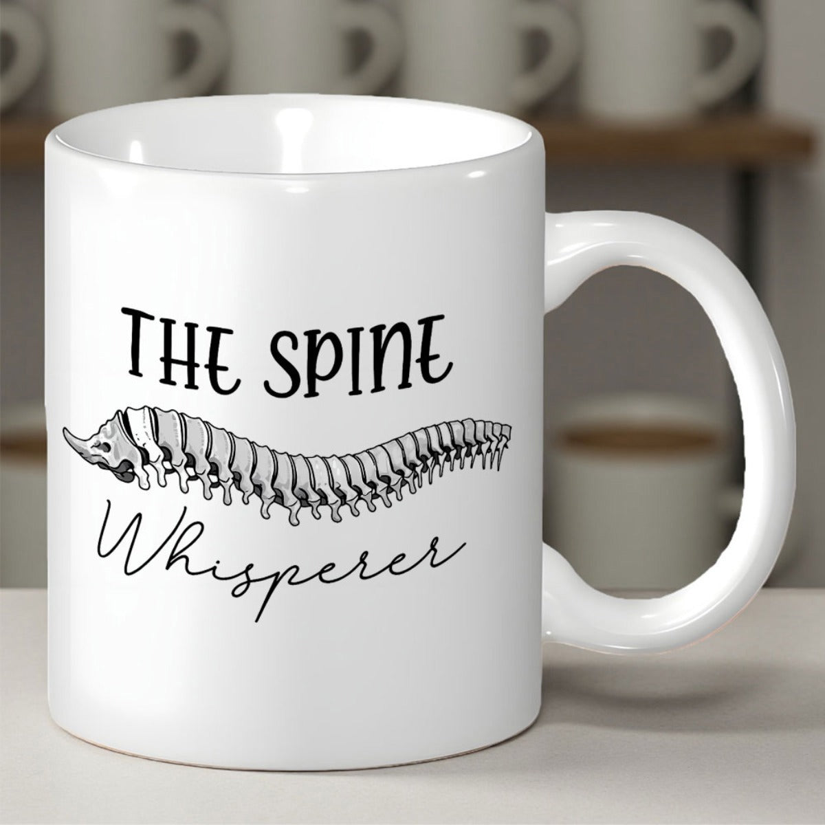 Tailorly White Ceramic 11 oz Mug - The Spine Whisperer Detailed Black Ink Illustration Showing Curved Anatomical Human Vertebrae Spine