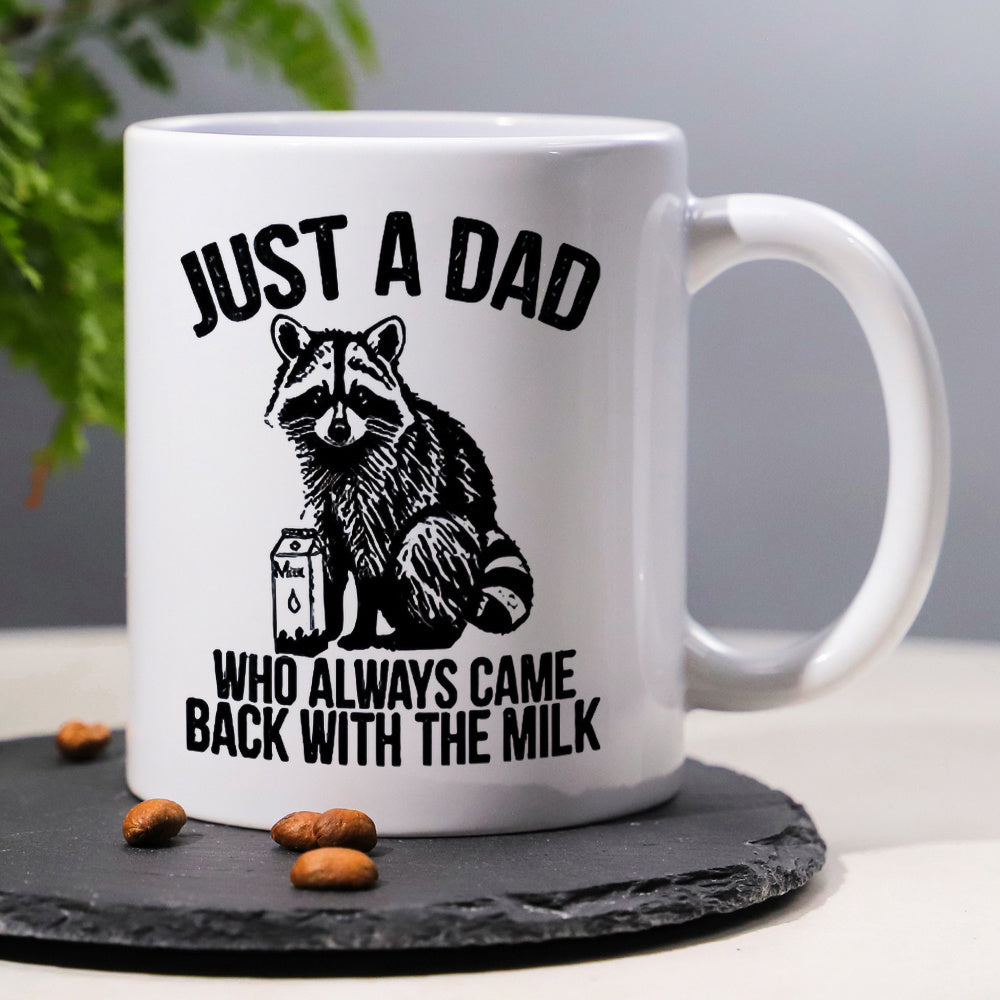 Tailorly White Ceramic 11 oz Mug - Just A Dad Who Always Came Back With The Milk Hand Drawn Sitting Forest Animal With A Small Milk Carton Raccoon