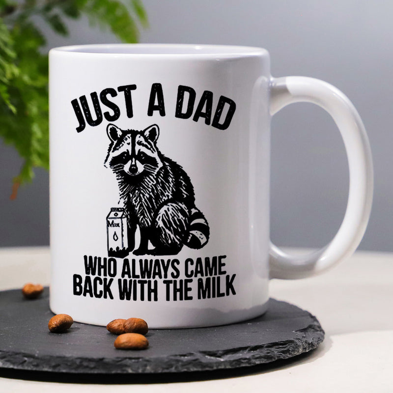 Tailorly White Ceramic 11 oz Mug - Just A Dad Who Always Came Back With The Milk Hand Drawn Sitting Forest Animal With A Small Milk Carton Raccoon