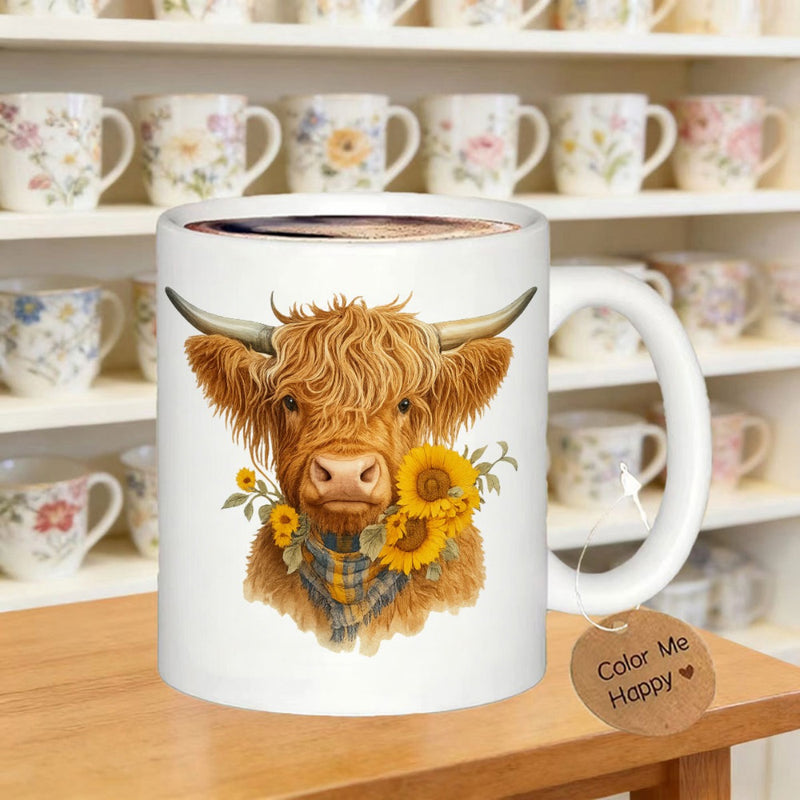 Tailorly White Ceramic 11 oz Mug - Color Me Happy Rustic Brown Highland Cow Adorned With Vibrant Golden Sunflowers Cow
