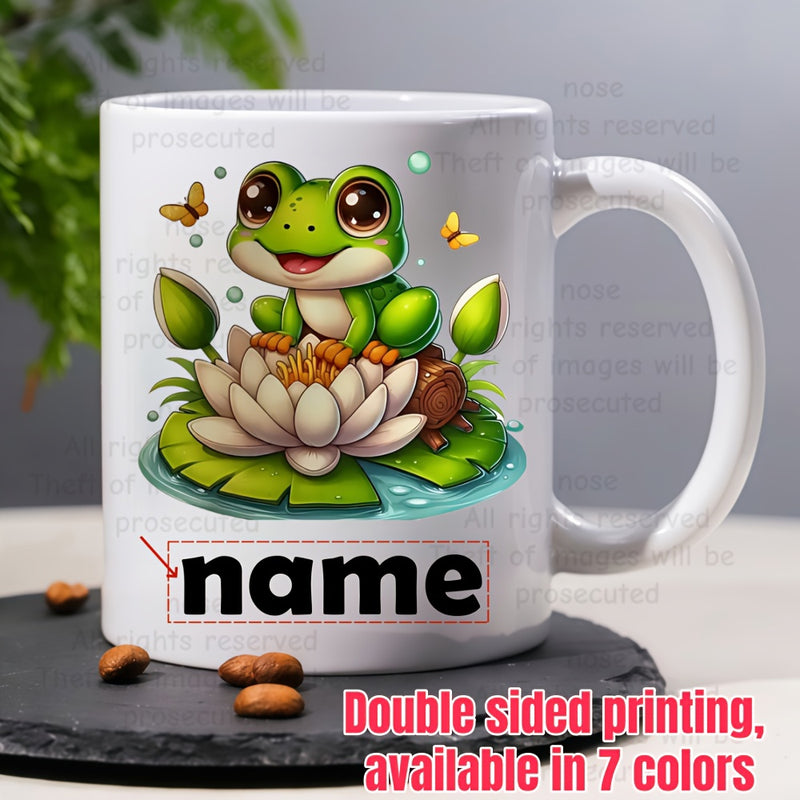 Tailorly White Ceramic 11 oz Mug - Name Charming Little Green Creature Resting On A Blooming White Water Lily Frog