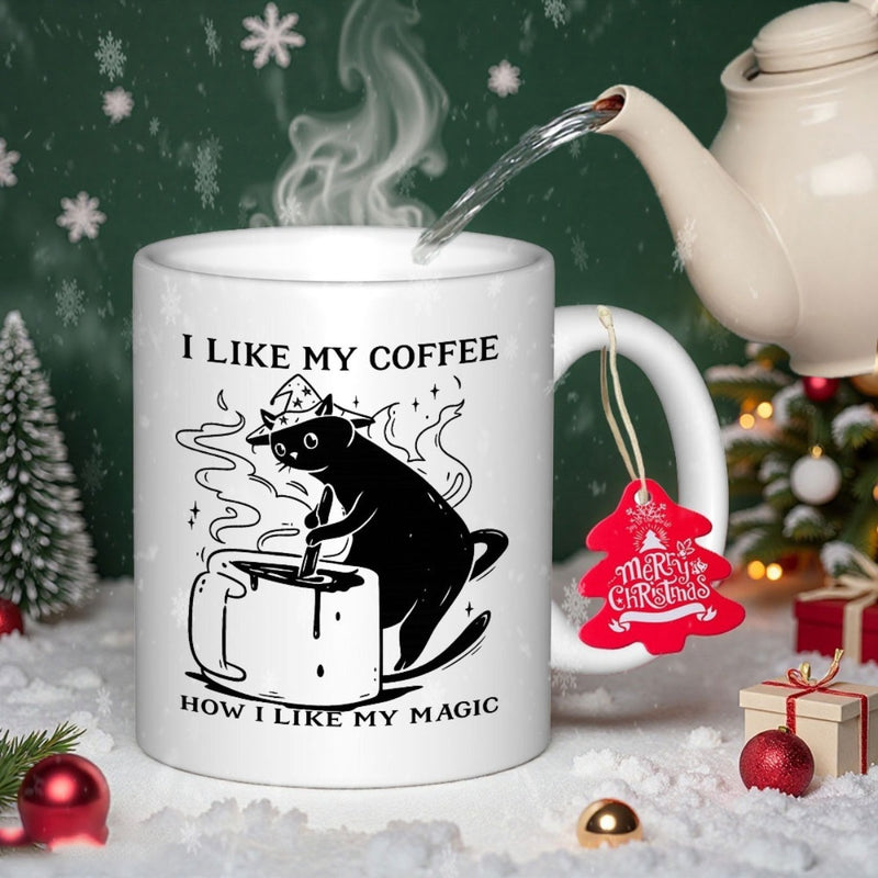 Tailorly White Ceramic 11 oz Mug - I Like My Coffee How I Like My Magic Playful Black Cat Wearing Wizard Hat Stirring A Large Steaming Mug Cat