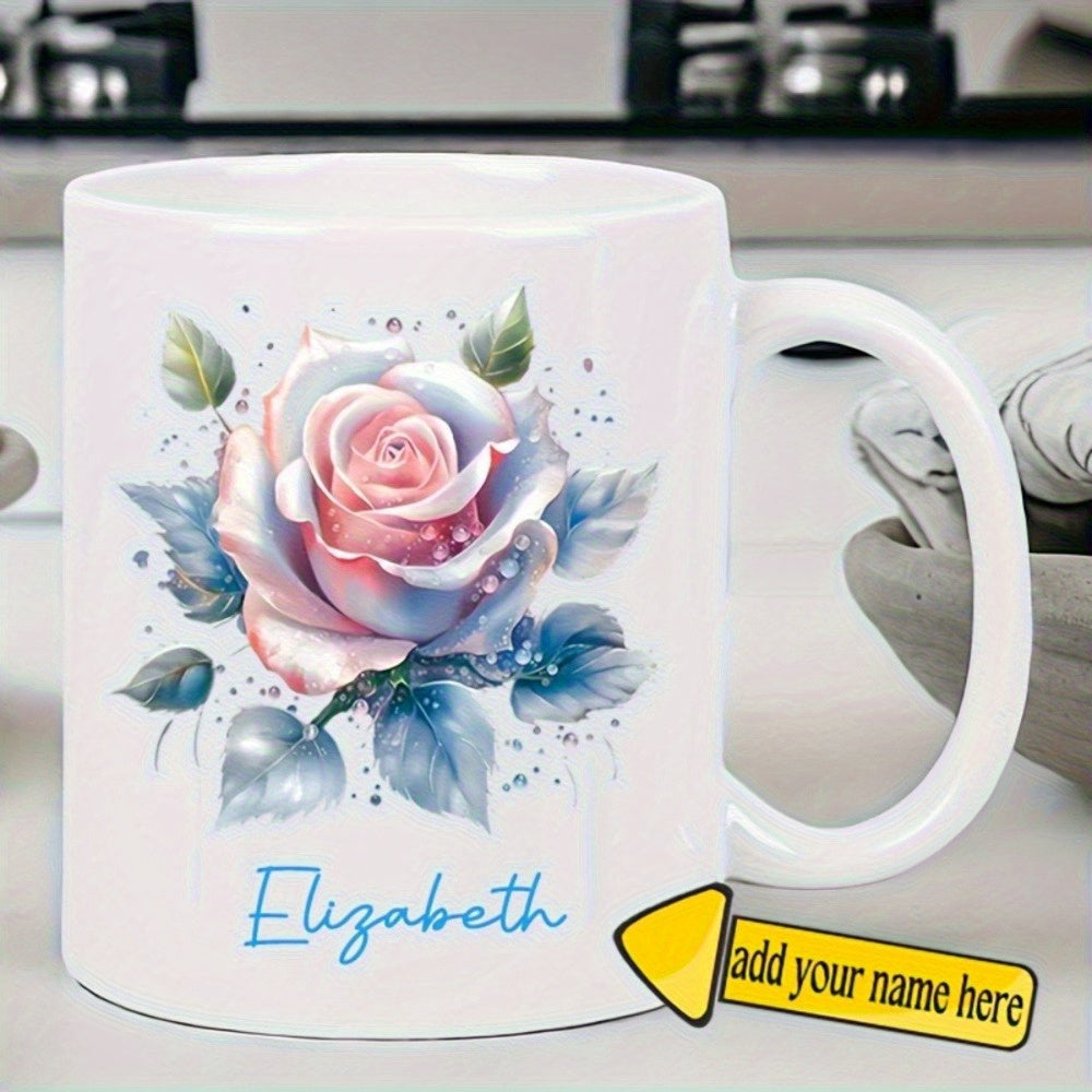 Tailorly White Ceramic 11 oz Mug - Elizabeth Elegant Watercolor Petals With Soft Shimmering Leaves In Pastel Tones Rose