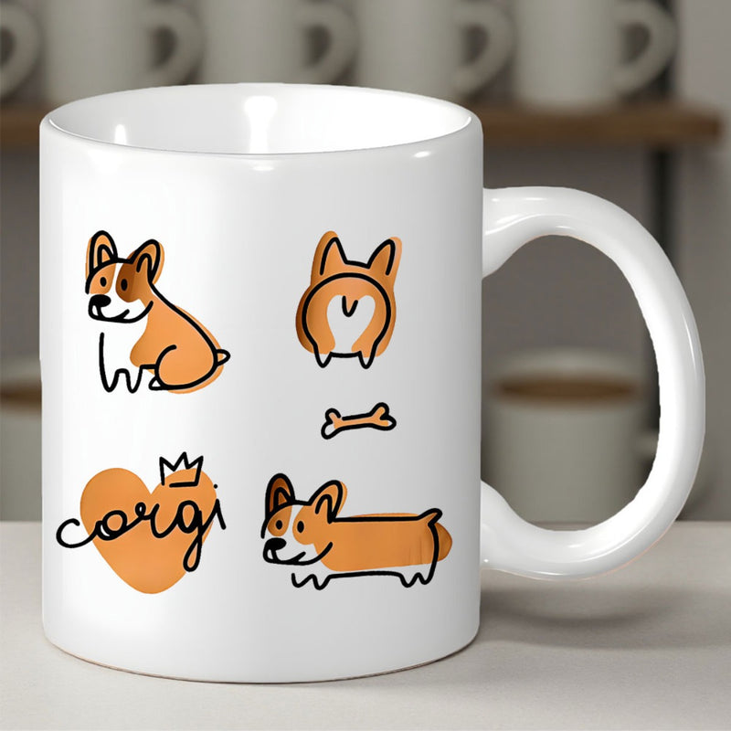 Tailorly White Ceramic 11 oz Mug - Corgi Cute Playful Puppy Illustrations With Heart And Bone Sketches Corgi