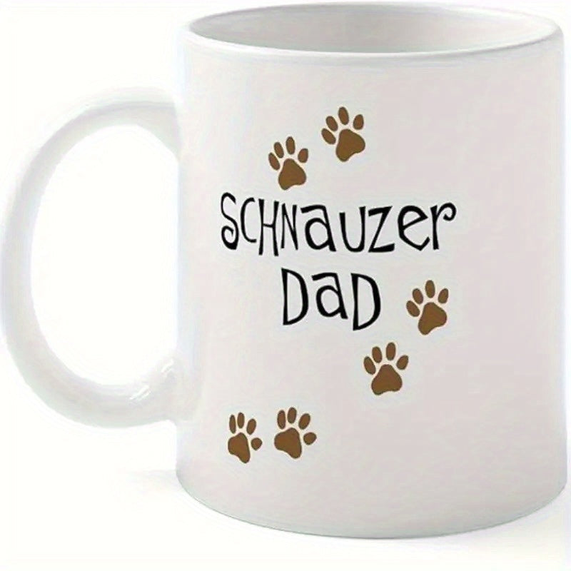 Tailorly White Ceramic 11 oz Mug - Schnauzer Dad Brown Animal Paw Prints Scattered Around Playful Hand Lettered Mug