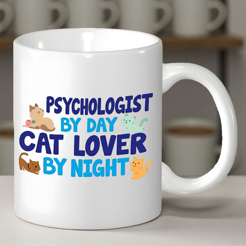 Tailorly White Ceramic 11 oz Mug - Psychologist By Day Cat Lover By Night Four Playful Small Cartoon Kittens In Different Colors And Poses Cat