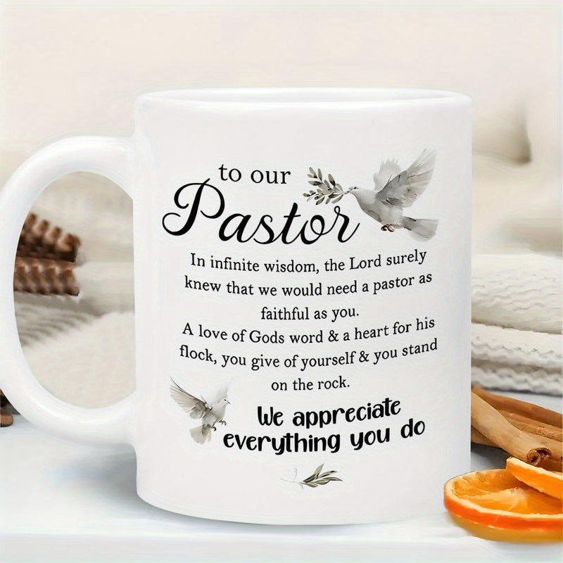 Tailorly White Ceramic 11 oz Mug - To Our Pastor We Appreciate Everything You Do Graceful White Birds Flying With Green Olive Branches Symbolizing Peace Dove