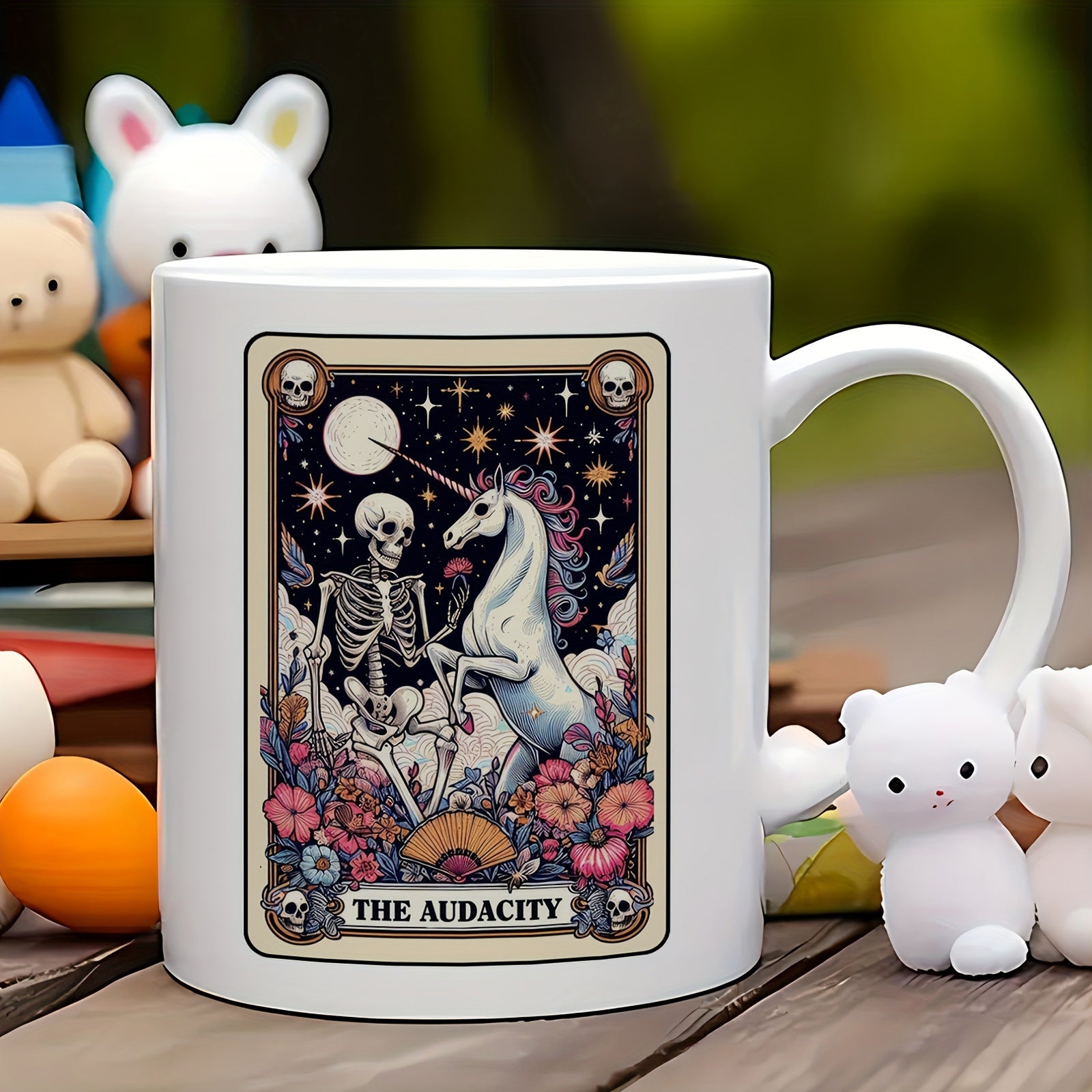 Tailorly White Ceramic 11 oz Mug - The Audacity Mystical Skeleton Facing Graceful Unicorn Under Glowing Moon In Night Sky Unicorn