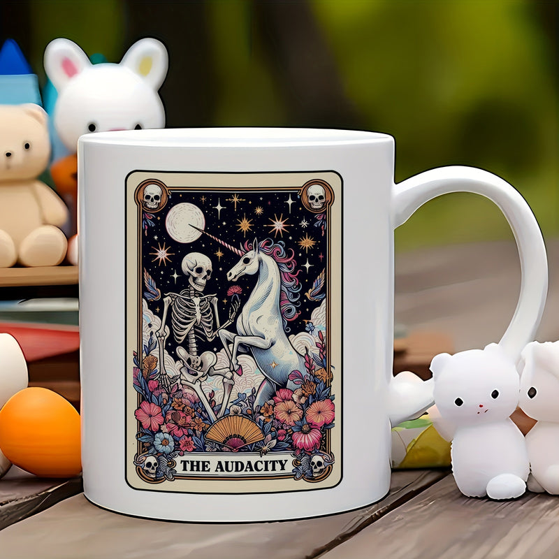 Tailorly White Ceramic 11 oz Mug - The Audacity Mystical Skeleton Facing Graceful Unicorn Under Glowing Moon In Night Sky Unicorn