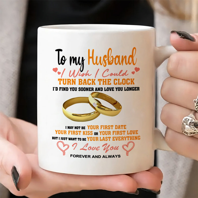 Tailorly White Ceramic 11 oz Mug - To My Husband Two Intertwined Golden Wedding Bands Gleaming Under Soft Romantic Light Rings