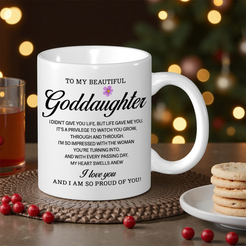 Tailorly White Ceramic 11 oz Mug - To My Beautiful Goddaughter Featuring Heartfelt Poem And Small Decorative Purple Flower Mug