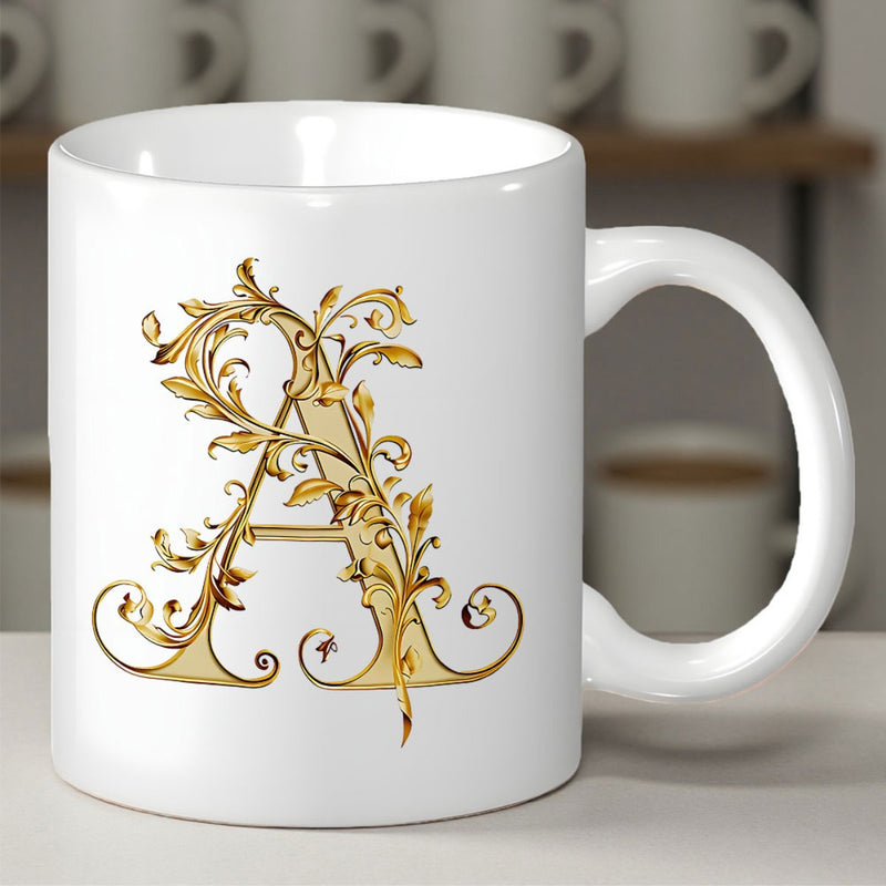 Tailorly White Ceramic 11 oz Mug - Golden Intricate Ornate Floral Vine Swirls Decorating A Large Alphabet Letter