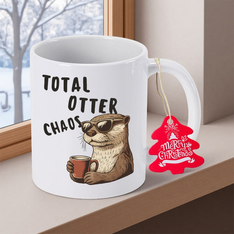 Tailorly White Ceramic 11 oz Mug - Total Otter Chaos Merry Christmas Cool Relaxed Animal Wearing Sunglasses Holding Small Brown Cup Otter