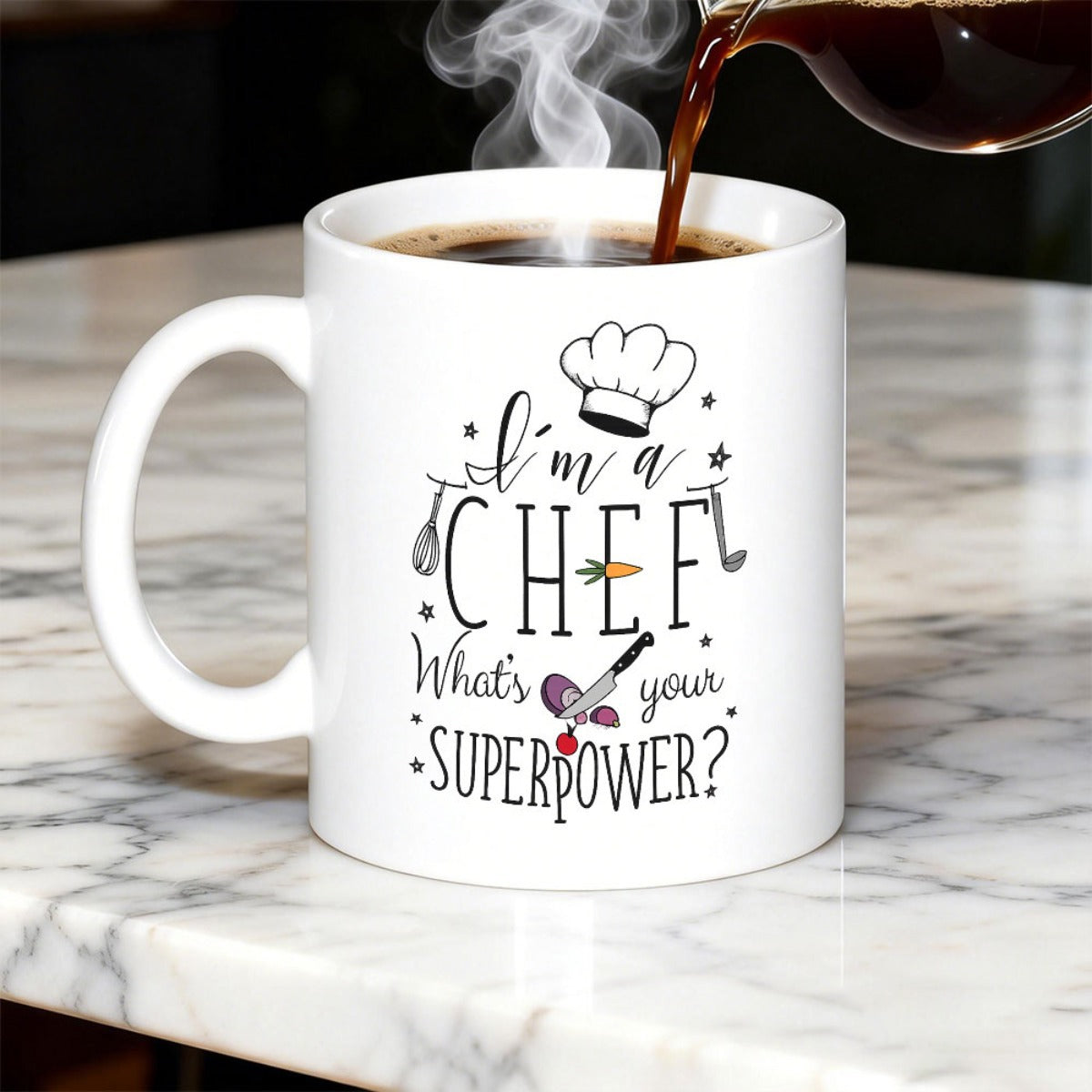 Tailorly White Ceramic 11 oz Mug - I'm A Chef What's Your Superpower Whisk And Ladle Beside Professional White Toque Hat With Carrot Chef