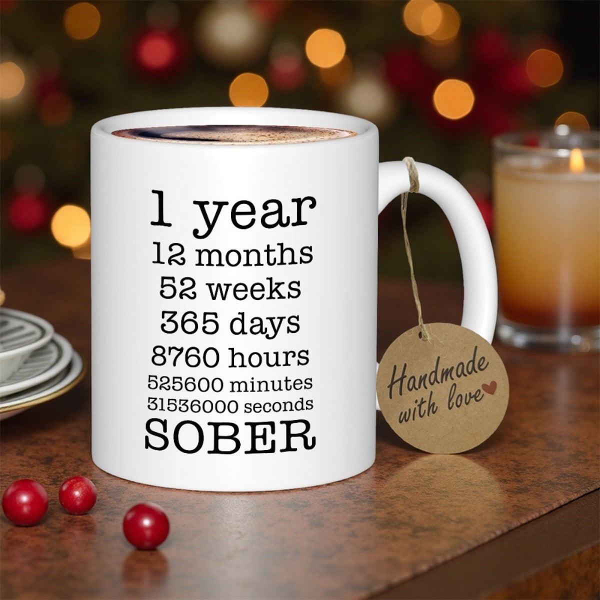 Tailorly White Ceramic 11 oz Mug - 1 Year Sober Polished White Surface With Minimalist Black Typewriter Style Text Mug
