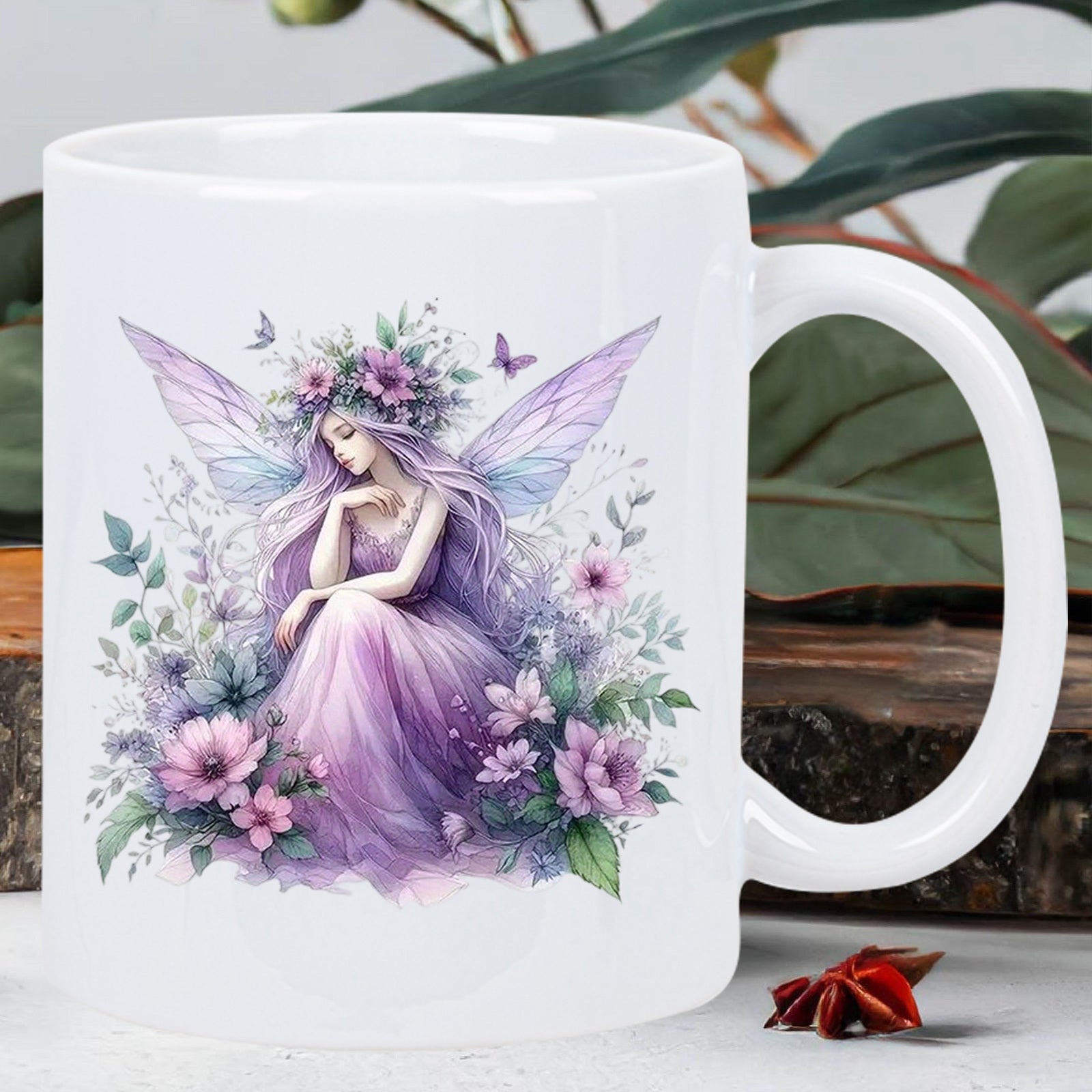 Tailorly White Ceramic 11 oz Mug - Ethereal Purple Winged Fairy Sitting Among Blooming Fantasy Garden Flowers Fairy