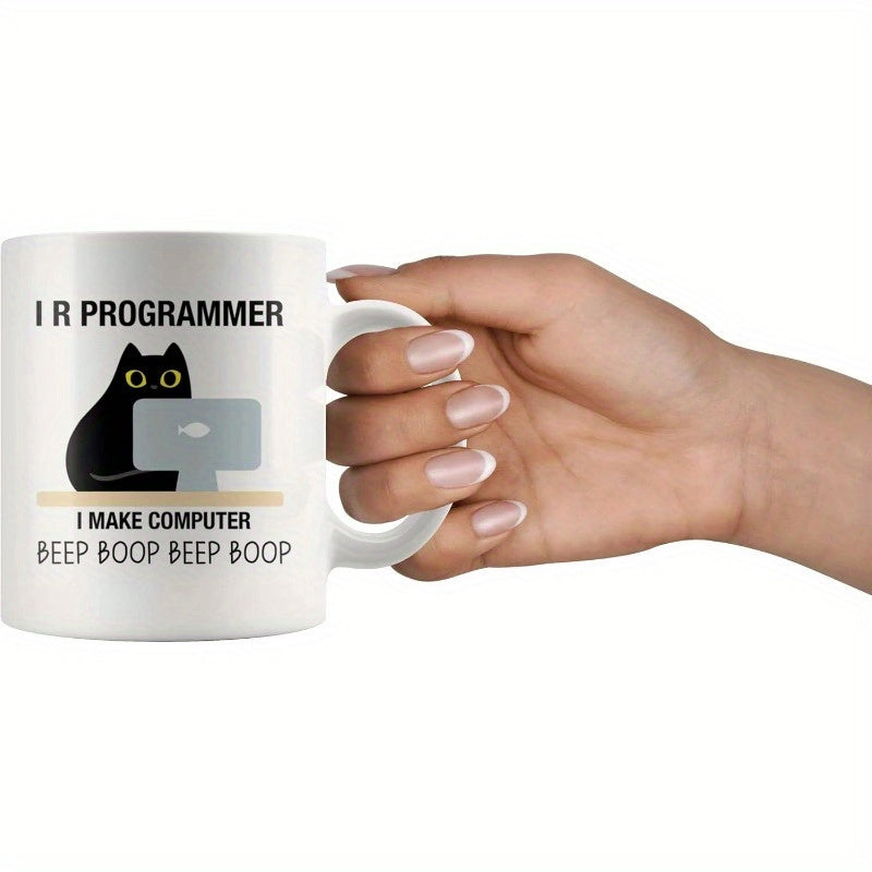 Tailorly White Ceramic 11 oz Mug - I R Programmer I Make Computer Beep Boop Beep Boop Curious Black Cat Sitting Behind A Professional Desktop Computer Cat