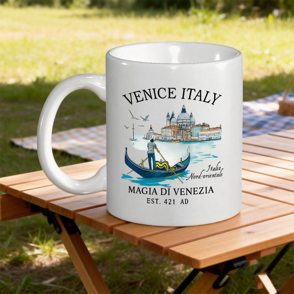 Tailorly White Ceramic 11 oz Mug - Venice Italy Est 421 AD Traditional Gondolier Rowing On Calm Canal Waters Near Historic Basilica Gondola