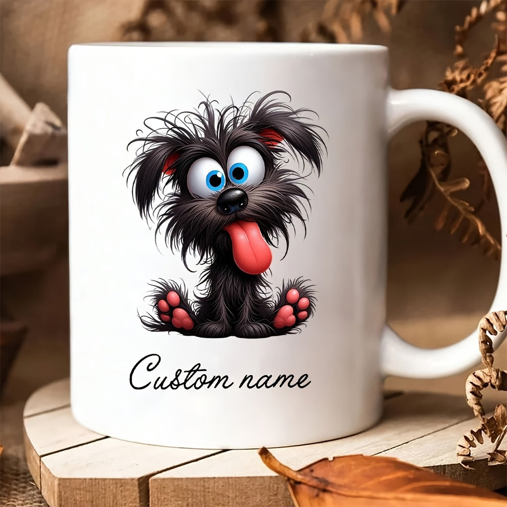 Tailorly White Ceramic 11 oz Mug - Custom Name Silly Scruffy Black Pup With Big Blue Eyes And Red Tongue Dog