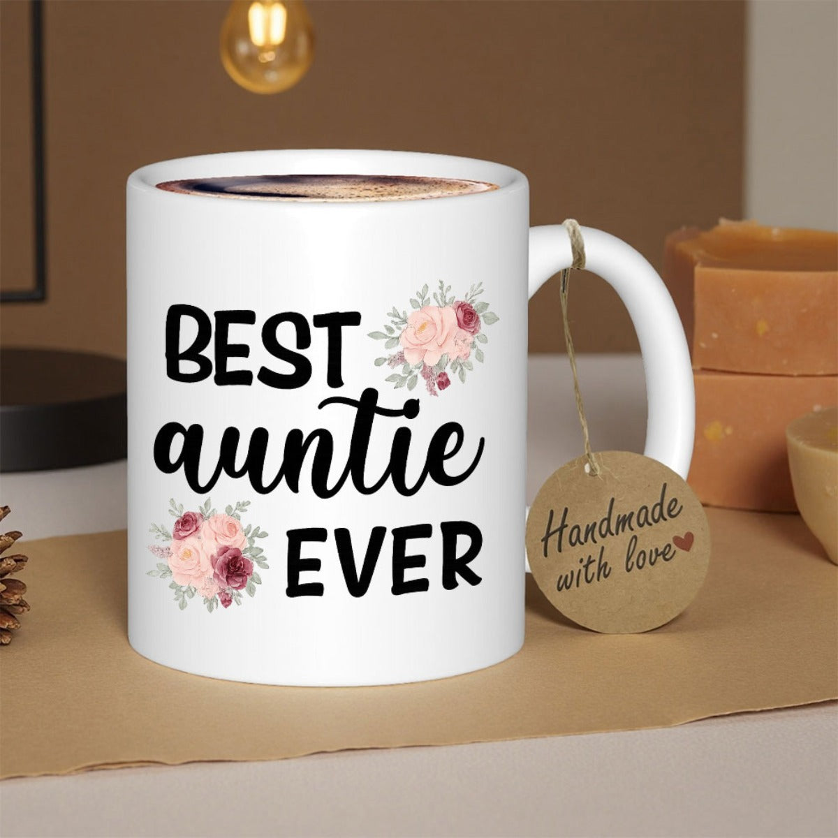 Tailorly White Ceramic 11 oz Mug - Best Auntie Ever Watercolor Pink Floral Clusters Surrounding Elegant Script And Bold Lettering Mug