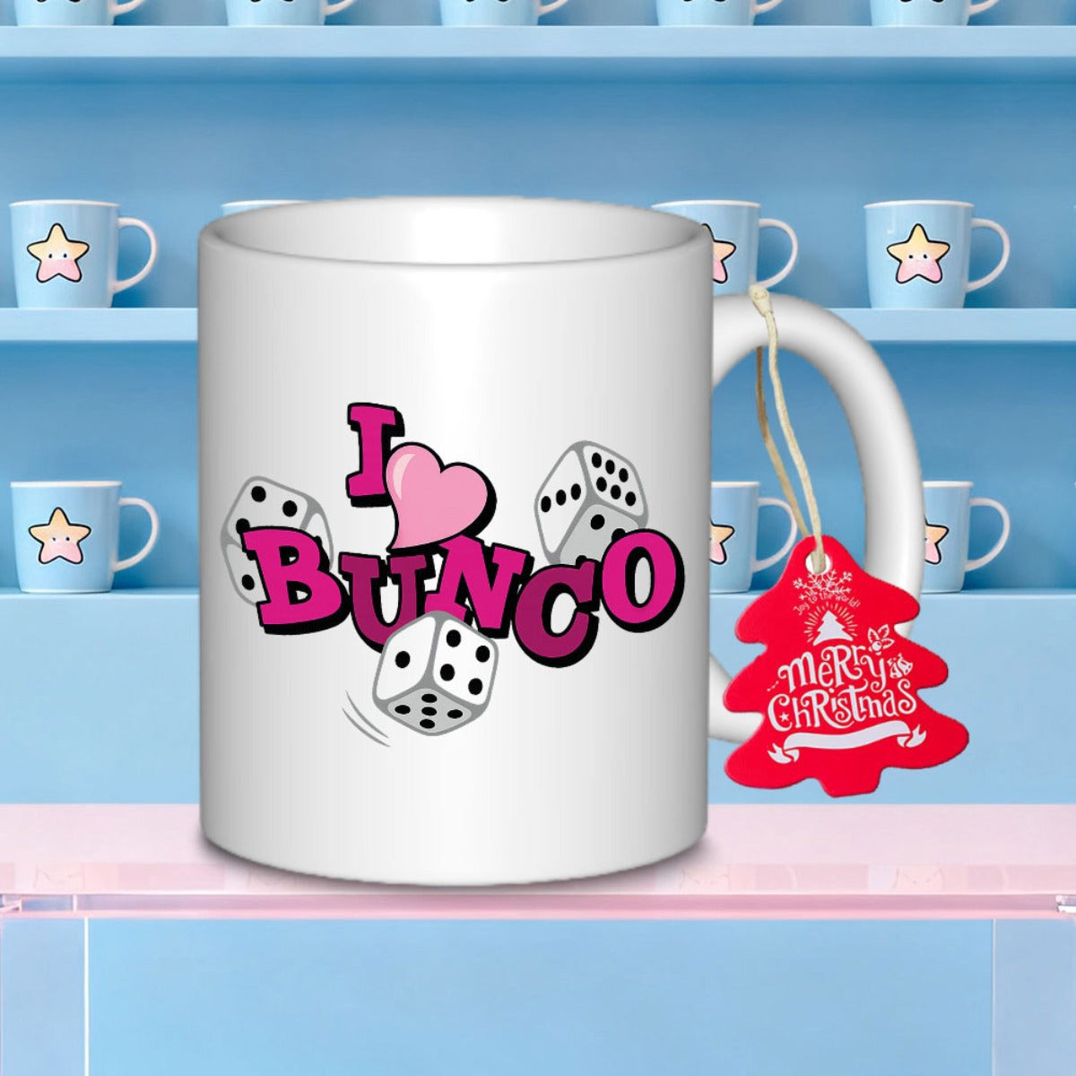 Tailorly White Ceramic 11 oz Mug - I Bunco Pink Heart And Scattered Gaming White Game Dice With Dots Dice