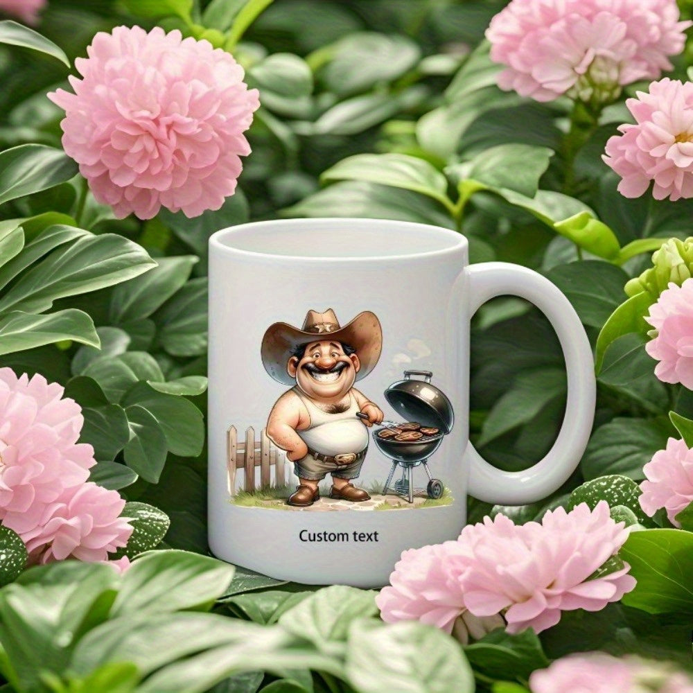 Tailorly White Ceramic 11 oz Mug - Custom Text Happy Smiling Man With Cowboy Hat Grilling Outside Among Pink Flowers Grill Master