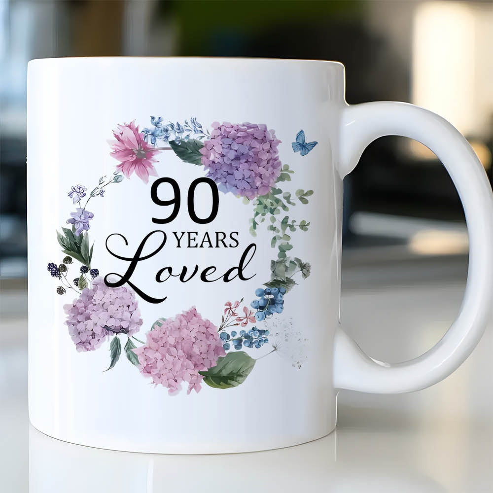 Tailorly White Ceramic 11 oz Mug - 90 Years Loved Elegant Watercolor Floral Garland With Blooming Purple Hydrangeas And Small Butterflies Wreath