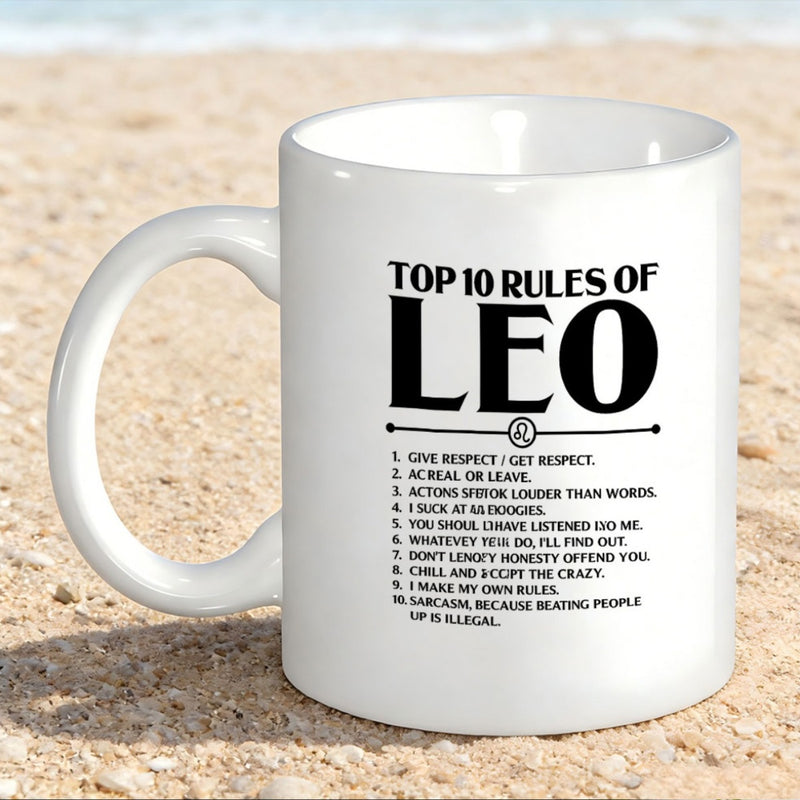 Tailorly White Ceramic 11 oz Mug - Top 10 Rules Of Leo Simple Bold Typography Featuring Humorous Zodiac Personality Traits And Minimalist Graphic Mug