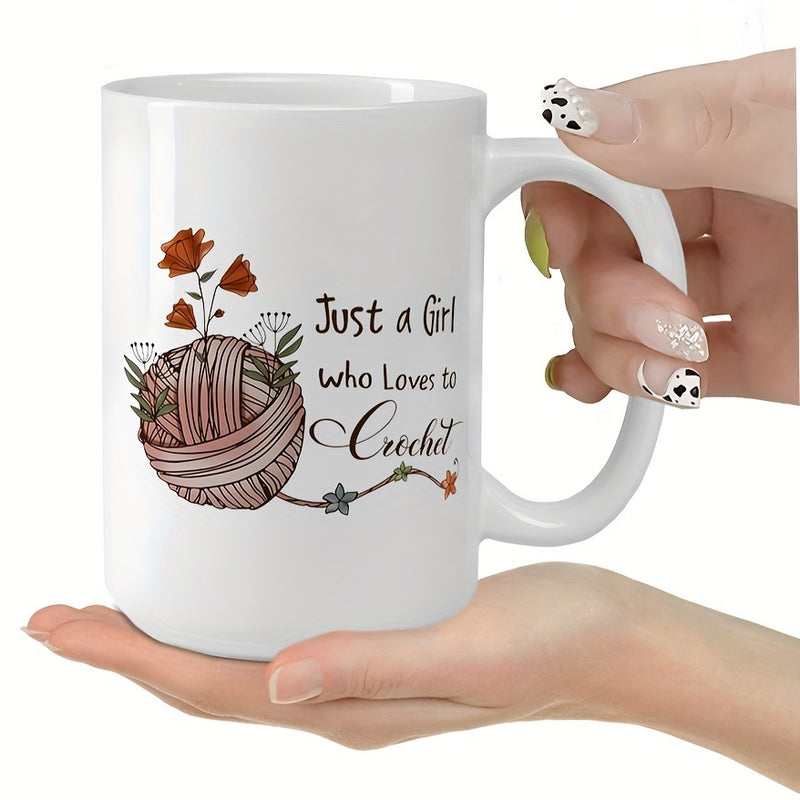 Tailorly White Ceramic 11 oz Mug - Just A Girl Who Loves To Crochet Delicate Orange Flowers Growing From Pink Braided Yarn Ball
