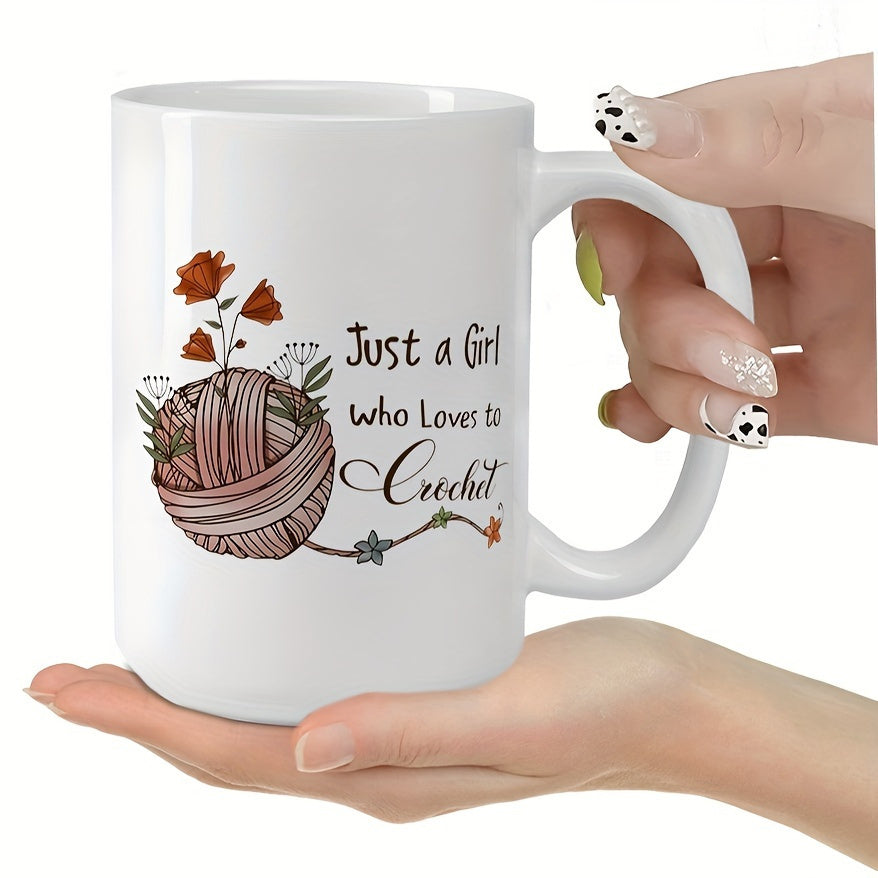Tailorly White Ceramic 11 oz Mug - Just A Girl Who Loves To Crochet Delicate Orange Flowers Growing From Pink Braided Yarn Ball